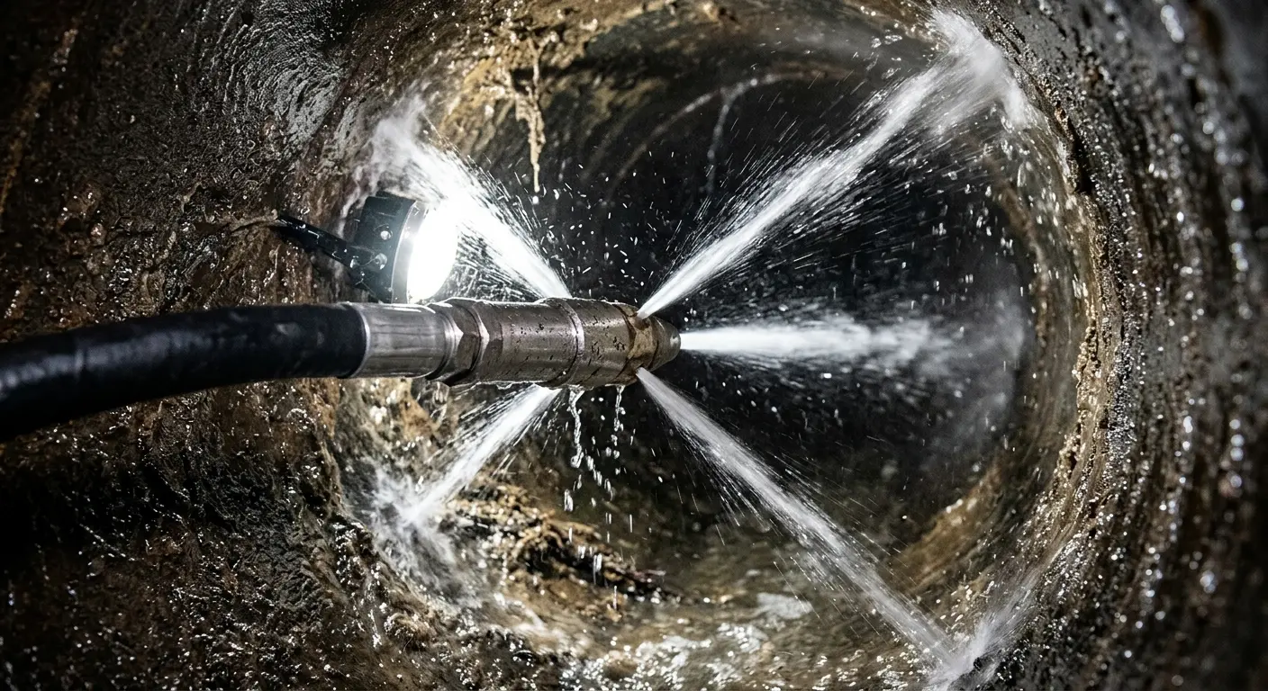 High-pressure hydro jetting nozzle cleaning sewer pipe for Emergency Drain Service in Martin