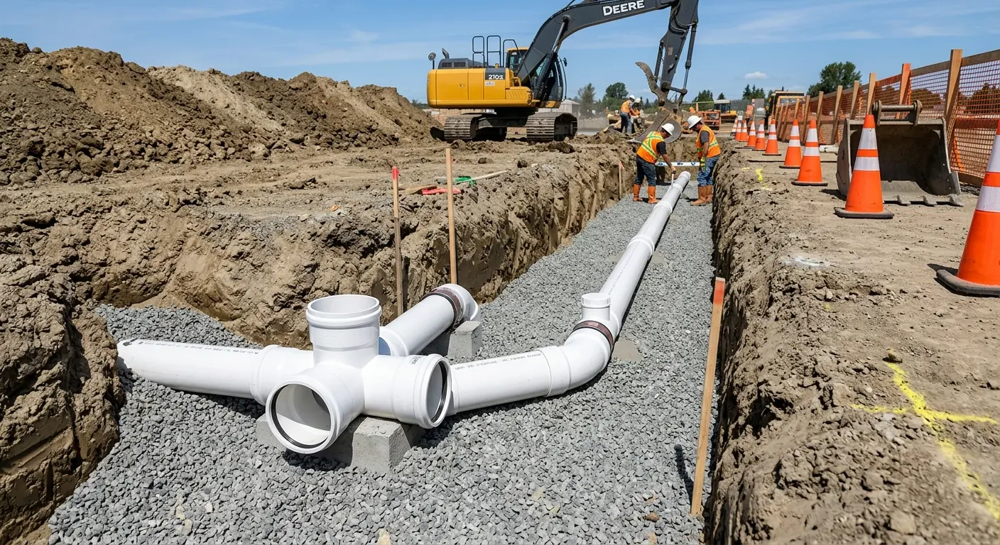 New PVC sewer pipe installation in open trench for Sewer Backup in Martin