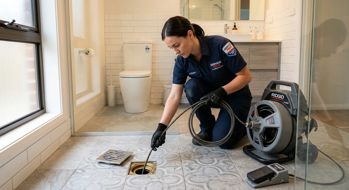 Technician clearing a bathroom floor drain for Drain Repair in Martin